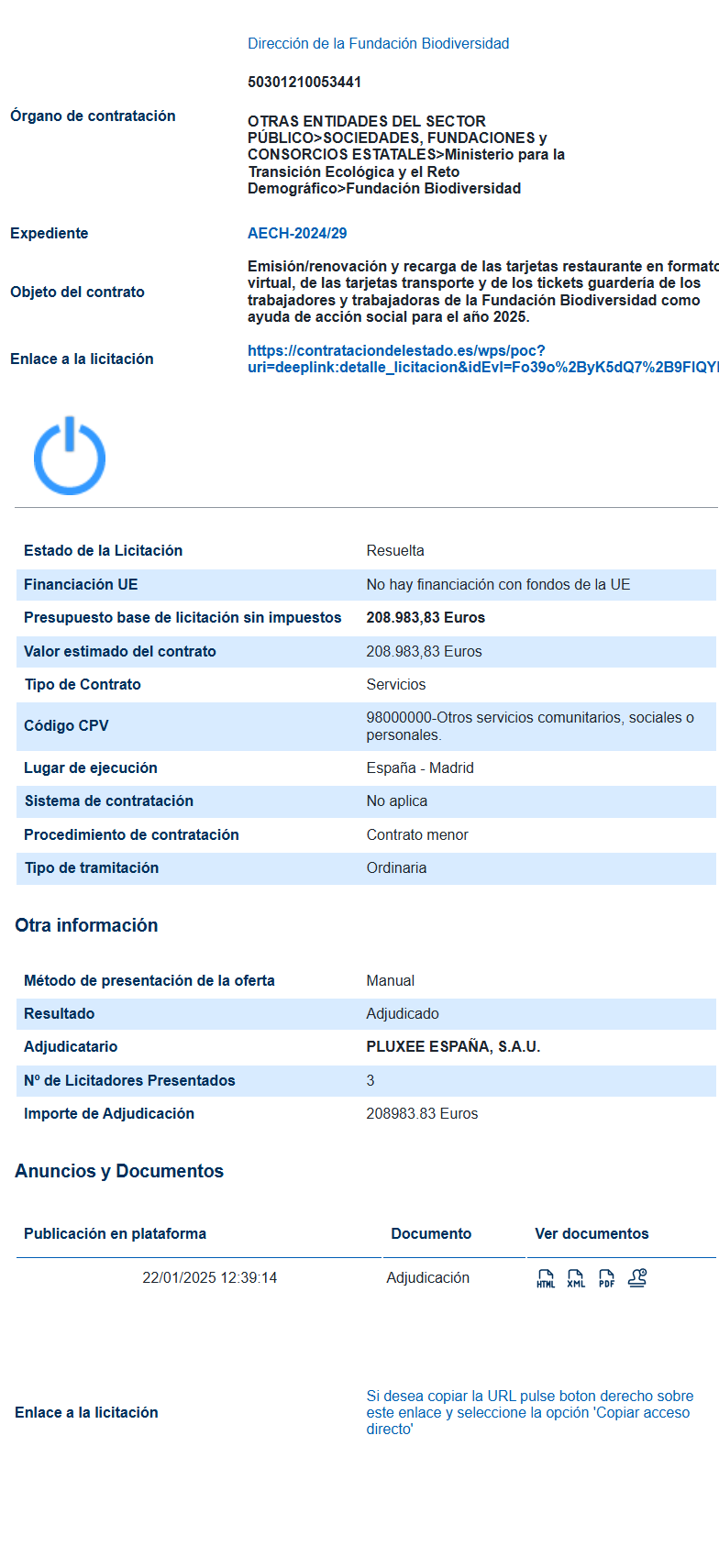 Contrato AECH-2024/29 — Fundación Biodiversidad 2025 — campo PLACE sin fondos UE pero PDF declara financiación europea