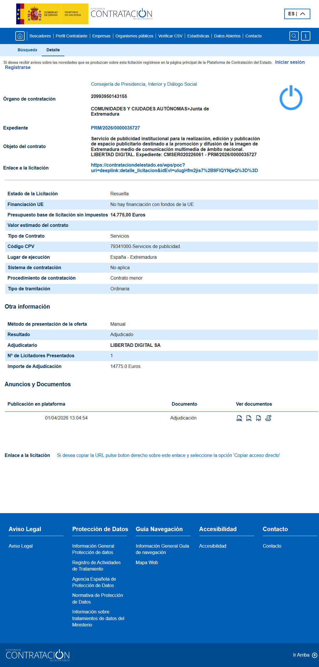 Contrato publicidad Extremadura – Junta de Extremadura (PRM/2026/0000035727)