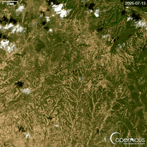 Animación completa de satélite Sentinel-2 en color natural, del 13 al 18 de julio de 2026, mostrando la evolución del incendio de Orés desde el terreno intacto hasta las llamas activas y la gran cicatriz de quemado