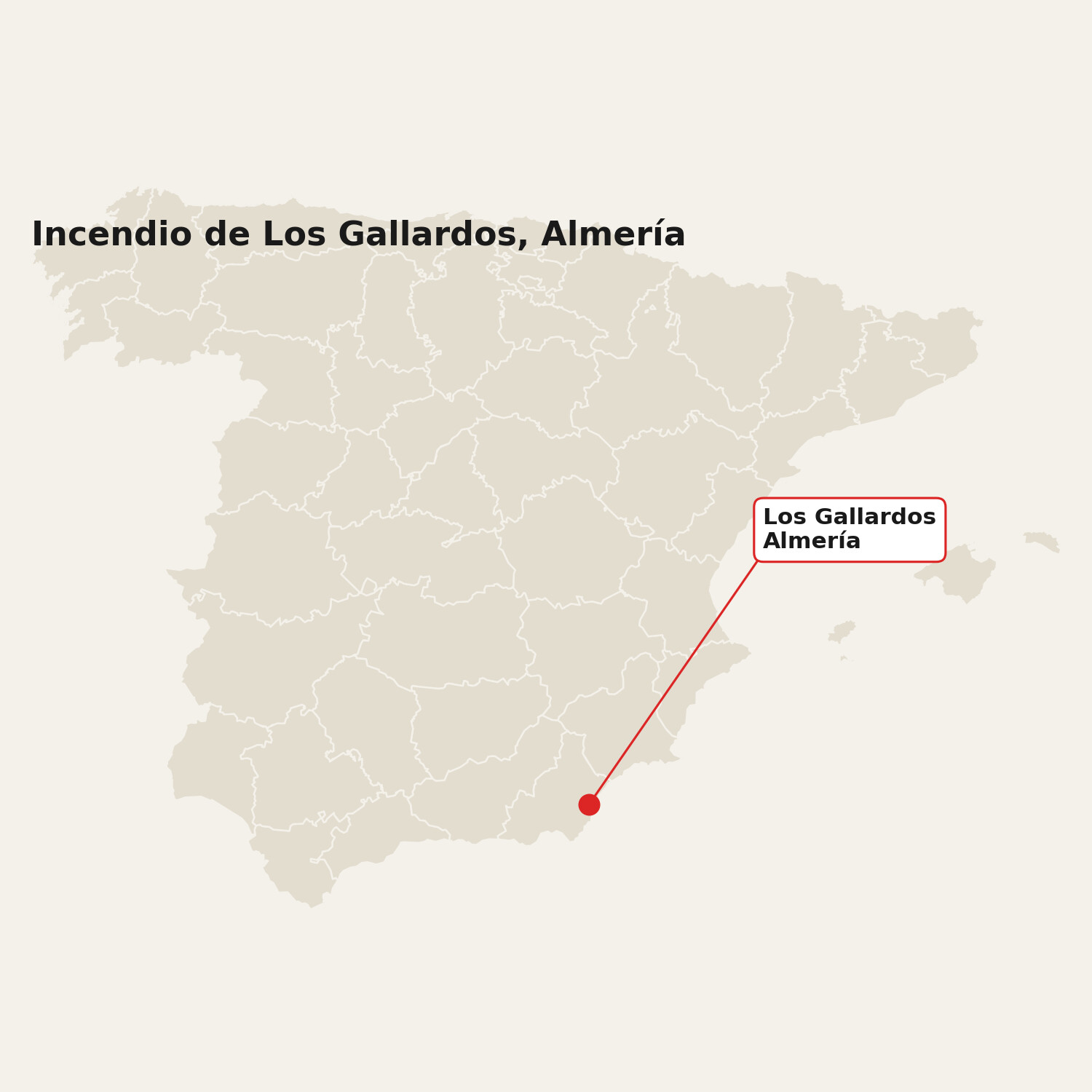 Mapa de España con la provincia de Almería resaltada y la localización de Los Gallardos, epicentro del incendio
