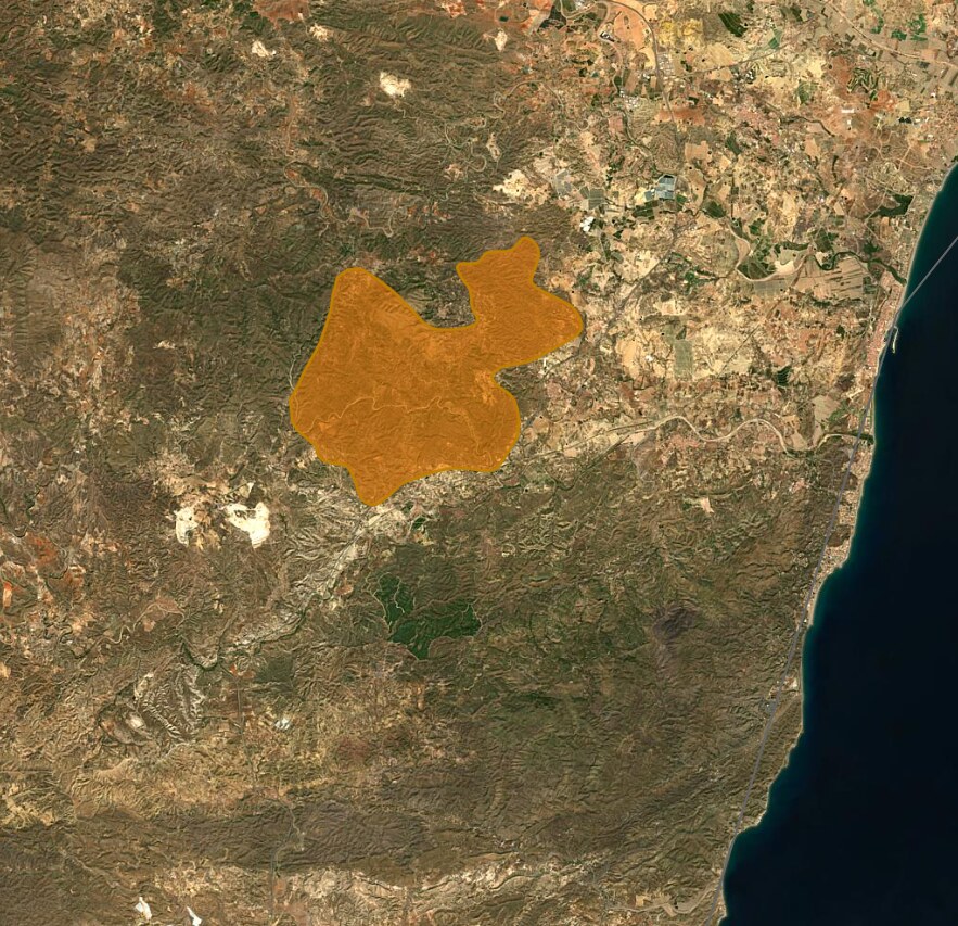 Perímetro oficial del área quemada por el incendio de Los Gallardos, Almería, delimitado en naranja sobre imagen satelital según la evaluación rápida de daños de EFFIS/Copernicus